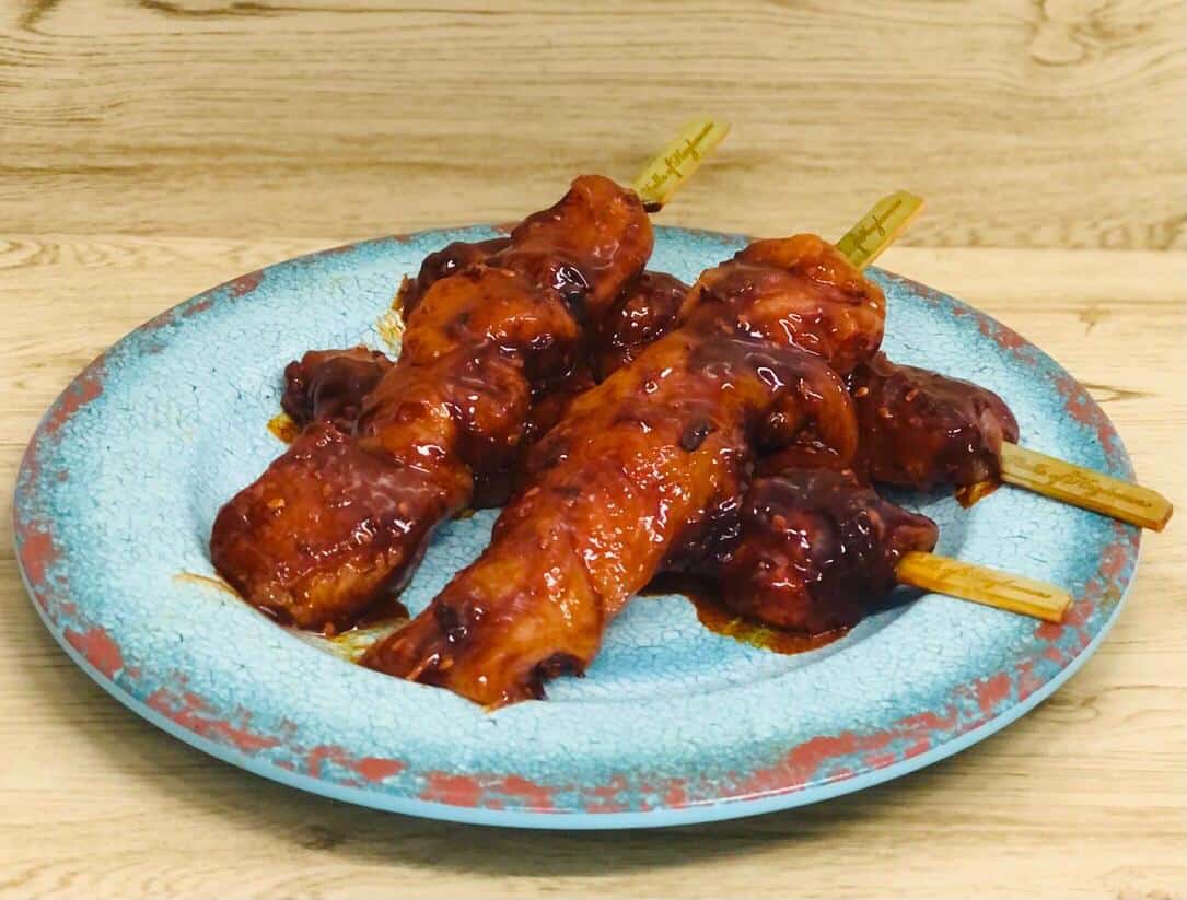 Teriyaki chicken breast skewers.
